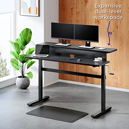 Stand Steady Tranzendesk | 55 Inch Dual Level Standing Desk with Shelf | Easy Crank Height Adjustable Sit to Stand Desk | Stand Up Workstation with Monitor Riser for Home & Office (55in / Black)