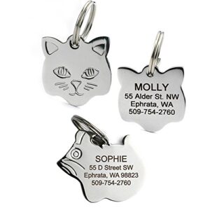 gotags stainless steel cat id tags, available in mouse and cat shapes, includes up to 4 lines of custom engraved personalized text, (cat shape)