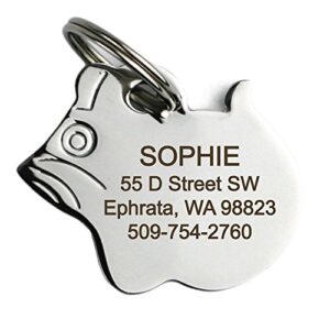 GoTags Stainless Steel Cat ID Tags, Available in Mouse and Cat Shapes, Includes up to 4 Lines of Custom Engraved Personalized Text, (Cat Shape)