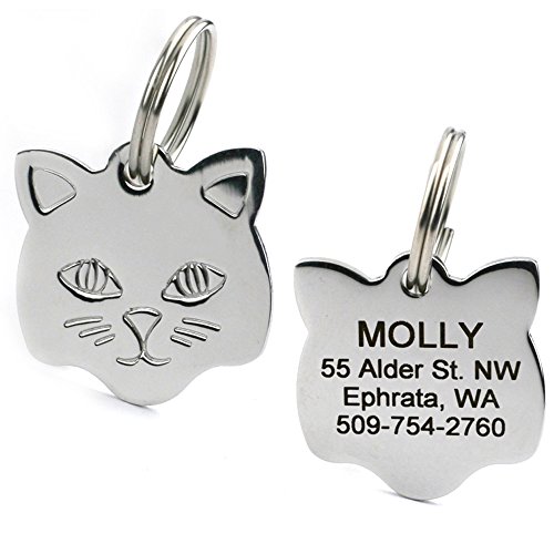 GoTags Stainless Steel Cat ID Tags, Available in Mouse and Cat Shapes, Includes up to 4 Lines of Custom Engraved Personalized Text, (Cat Shape)