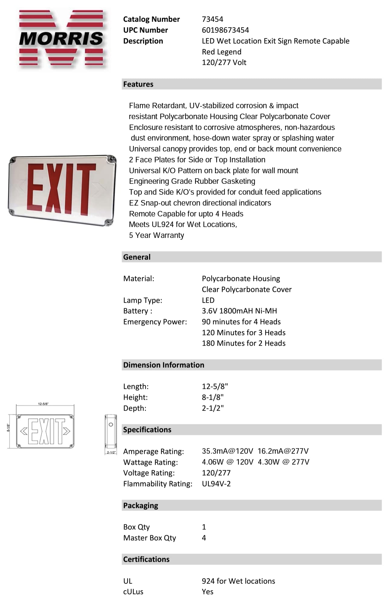 Morris Products Wet Location Combo LED Exit Emergency Sign – Remote Capable, Red Legend, Clear Polycarbonate Cover