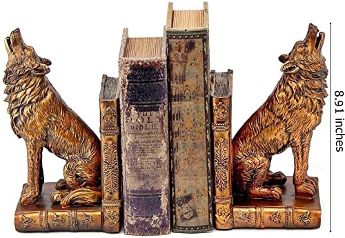 Bellaa 26362 Decorative Bookends Howling Wolf Animal Cabin Farmhouse Vintage Bookshelf Home Decor Tabletop Shelves Nonskid Heavy Book Stoppers 9 inch