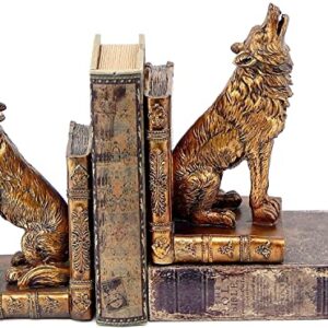 Bellaa 26362 Decorative Bookends Howling Wolf Animal Cabin Farmhouse Vintage Bookshelf Home Decor Tabletop Shelves Nonskid Heavy Book Stoppers 9 inch