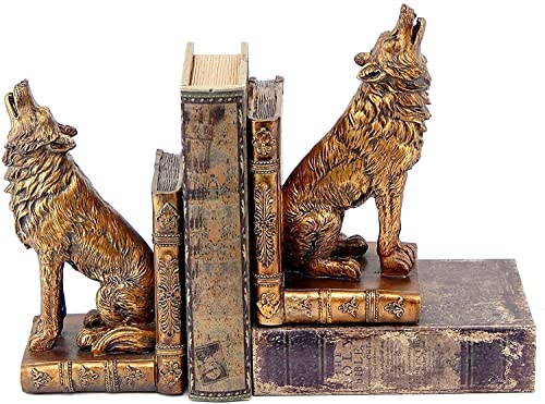 Bellaa 26362 Decorative Bookends Howling Wolf Animal Cabin Farmhouse Vintage Bookshelf Home Decor Tabletop Shelves Nonskid Heavy Book Stoppers 9 inch