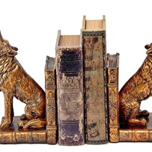 Bellaa 26362 Decorative Bookends Howling Wolf Animal Cabin Farmhouse Vintage Bookshelf Home Decor Tabletop Shelves Nonskid Heavy Book Stoppers 9 inch