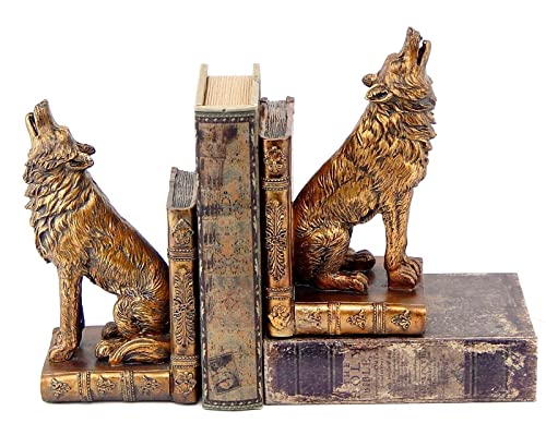 Bellaa 26362 Decorative Bookends Howling Wolf Animal Cabin Farmhouse Vintage Bookshelf Home Decor Tabletop Shelves Nonskid Heavy Book Stoppers 9 inch