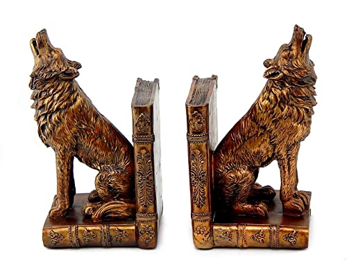 Bellaa 26362 Decorative Bookends Howling Wolf Animal Cabin Farmhouse Vintage Bookshelf Home Decor Tabletop Shelves Nonskid Heavy Book Stoppers 9 inch