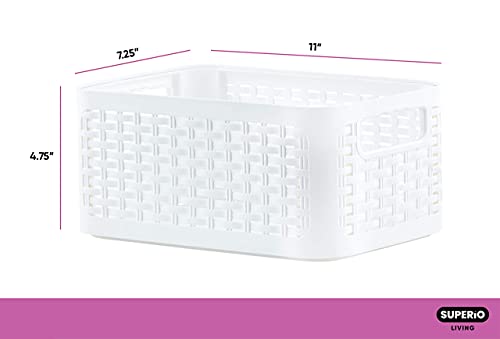 Superio Woven Plastic Storage Basket Box with Handles- Wicker Home Organizer Shelf Bins for Closet- Use for Socks, Jeans, Undershirts, Belts, Accessories (9 Quart, White)