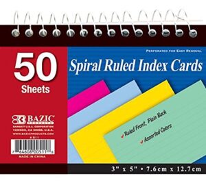 4pk, bazic 50 ct. spiral bound 3" x 5" ruled colored index cards (total of 200)