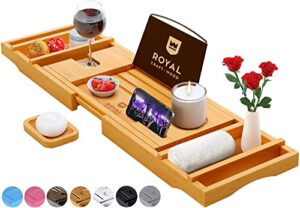 royal craft wood luxury bathtub caddy tray, one or two person bath and bed tray, bonus free soap holder (natural bamboo color) (natural)
