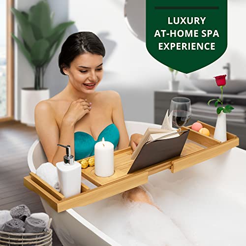 ROYAL CRAFT WOOD Luxury Bathtub Caddy Tray, One or Two Person Bath and Bed Tray, Bonus Free Soap Holder (Natural Bamboo Color) (Natural)