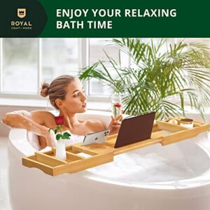 ROYAL CRAFT WOOD Luxury Bathtub Caddy Tray, One or Two Person Bath and Bed Tray, Bonus Free Soap Holder (Natural Bamboo Color) (Natural)