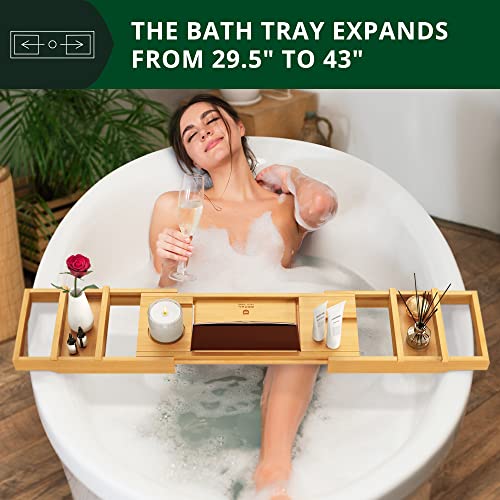 ROYAL CRAFT WOOD Luxury Bathtub Caddy Tray, One or Two Person Bath and Bed Tray, Bonus Free Soap Holder (Natural Bamboo Color) (Natural)