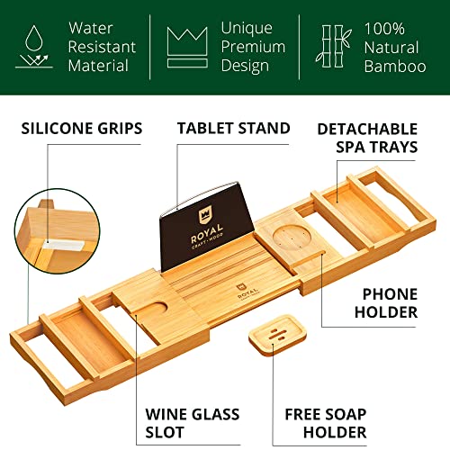 ROYAL CRAFT WOOD Luxury Bathtub Caddy Tray, One or Two Person Bath and Bed Tray, Bonus Free Soap Holder (Natural Bamboo Color) (Natural)