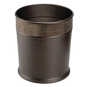 mdesign decorative round small trash can wastebasket, garbage container bin for bathrooms, powder rooms, kitchens, home offices - steel in bronze finish with woven textured accent