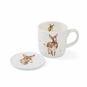 royal worcester wrendale designs gentle jack mug & coaster set | 11 ounce coffee mug with coaster | made from fine bone china | microwave and dishwasher safe