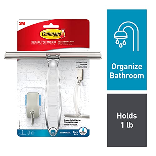 Command Bath Shower Small Water-Resistant Adhesive, Satin Nickel, 1 lb Capacity, 1 Squeegee, 1 Hook, 2 Strips, BATH32-SS-ES Caddy, 0