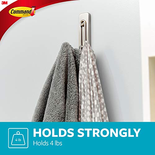 Command Large Double Bathroom Wall Hook, Damage Free Hanging Bath Hook with Adhesive Strip, Double Hook for Hanging Bath Towels, 1 Satin Nickel Colored Wall Hook and 1 Water-Resistant Command Strip, 0