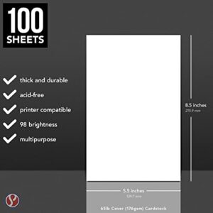 Half Letter Size Cardstock – Great for Business Documents, Letters, Arts, Prints and Crafts, Printing and Writing | 8.5” x 5.5” | Bright White 65lb Cover (176gsm) Card Stock | 100 Sheets per Pack