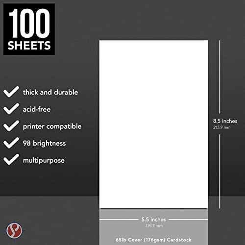 Half Letter Size Cardstock – Great for Business Documents, Letters, Arts, Prints and Crafts, Printing and Writing | 8.5” x 5.5” | Bright White 65lb Cover (176gsm) Card Stock | 100 Sheets per Pack