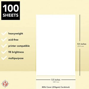 8.5 x 5.5” Bright White Card Stock Paper – Great for Arts and Crafts, Greeting Cards, Invitations, Flyers, Brochures, Photos | Heavyweight 80lb (216gsm) Cover Cardstock | 100 Sheets per Pack