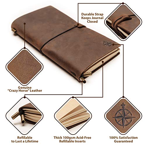 WANDERINGS Leather Travelers Notebook Refillable Travel Journal - Hand-Crafted Genuine Leather Journal for Writing, Poets, Travelers, as a Diary or Life Planner - Blank Inserts - 8.5x4.5in