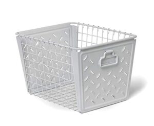 spectrum diversified macklin, stamped steel & wire basket for closet & cubby storage vintage-inspired design with customizable label plate, medium, white