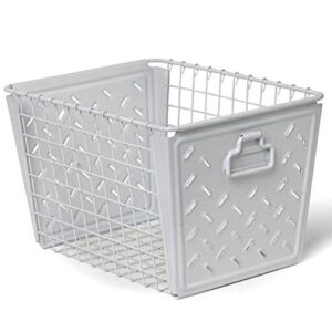 Spectrum Diversified Macklin, Stamped Steel & Wire Basket for Closet & Cubby Storage Vintage-Inspired Design with Customizable Label Plate, Medium, White