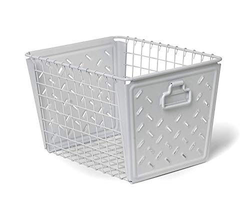 Spectrum Diversified Macklin, Stamped Steel & Wire Basket for Closet & Cubby Storage Vintage-Inspired Design with Customizable Label Plate, Medium, White