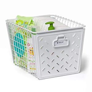 Spectrum Diversified Macklin, Stamped Steel & Wire Basket for Closet & Cubby Storage Vintage-Inspired Design with Customizable Label Plate, Medium, White