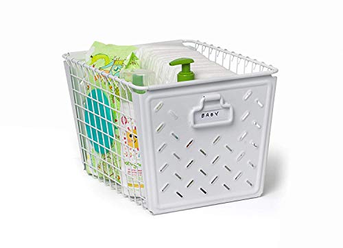 Spectrum Diversified Macklin, Stamped Steel & Wire Basket for Closet & Cubby Storage Vintage-Inspired Design with Customizable Label Plate, Medium, White