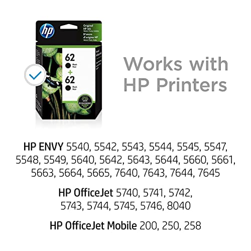 HP 62 | 2 Ink Cartridges | Black | Works with HP ENVY 5500 Series, 5600 Series, 7600 Series, HP OfficeJet 200, 250, 258, 5700 Series, 8040 | C2P04AN