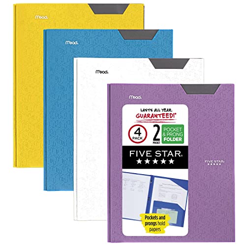 Five Star 2 Pocket Folder, 4 Pack, Plastic Folders with Stay-Put Tabs and Prong Fasteners, Holds 8-1/2” x 11" Paper, Writable Label, Assorted Colors (38064)