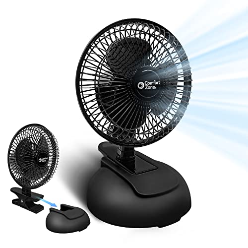 Comfort Zone CZ6XMBK 6” 2-Speed Combo Clip or Desk Fan with Removable Base, Strong Clamp for Firm Grip, Suitable for Bedroom, Office, or Dorm Room, Black