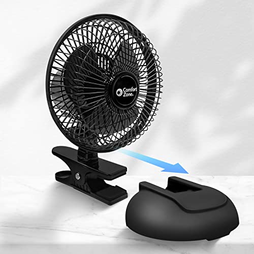 Comfort Zone CZ6XMBK 6” 2-Speed Combo Clip or Desk Fan with Removable Base, Strong Clamp for Firm Grip, Suitable for Bedroom, Office, or Dorm Room, Black