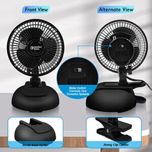 Comfort Zone CZ6XMBK 6” 2-Speed Combo Clip or Desk Fan with Removable Base, Strong Clamp for Firm Grip, Suitable for Bedroom, Office, or Dorm Room, Black