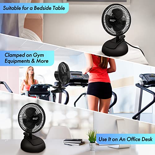 Comfort Zone CZ6XMBK 6” 2-Speed Combo Clip or Desk Fan with Removable Base, Strong Clamp for Firm Grip, Suitable for Bedroom, Office, or Dorm Room, Black