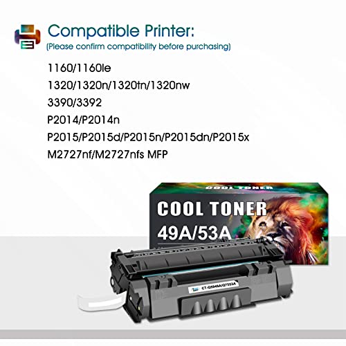 Cool Toner Compatible Q5949A Toner Cartridge Replacement for HP 49A Q5949A 49X Q5949X 53A Q7553A for HP 1320 1320n P2015 P2015dn P2014 3390 1160 P2015d 1320tn Toner Printer (Black, 2-Pack)