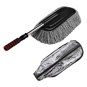 microfiber car duster exterior interior cleaner cleaning detailing kit size 15.7 inch with long retractable handle to trap dust and pollen for washing car bike rv boats or home use, grey