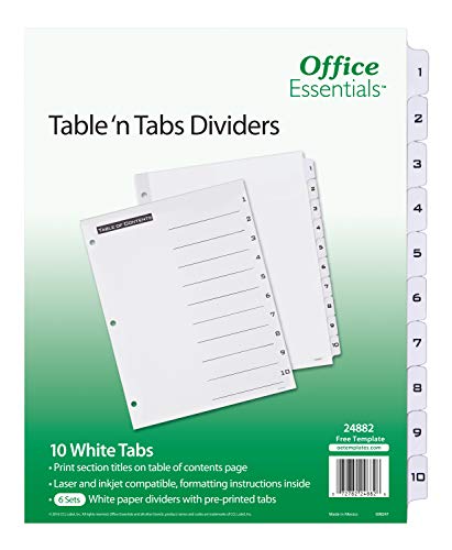 Office Essentials Table 'n Tabs Dividers, 8-1/2 x 11, 1-10 Tab, Black/White Tab, Laser/Inkjet, 6 Pk (24882)