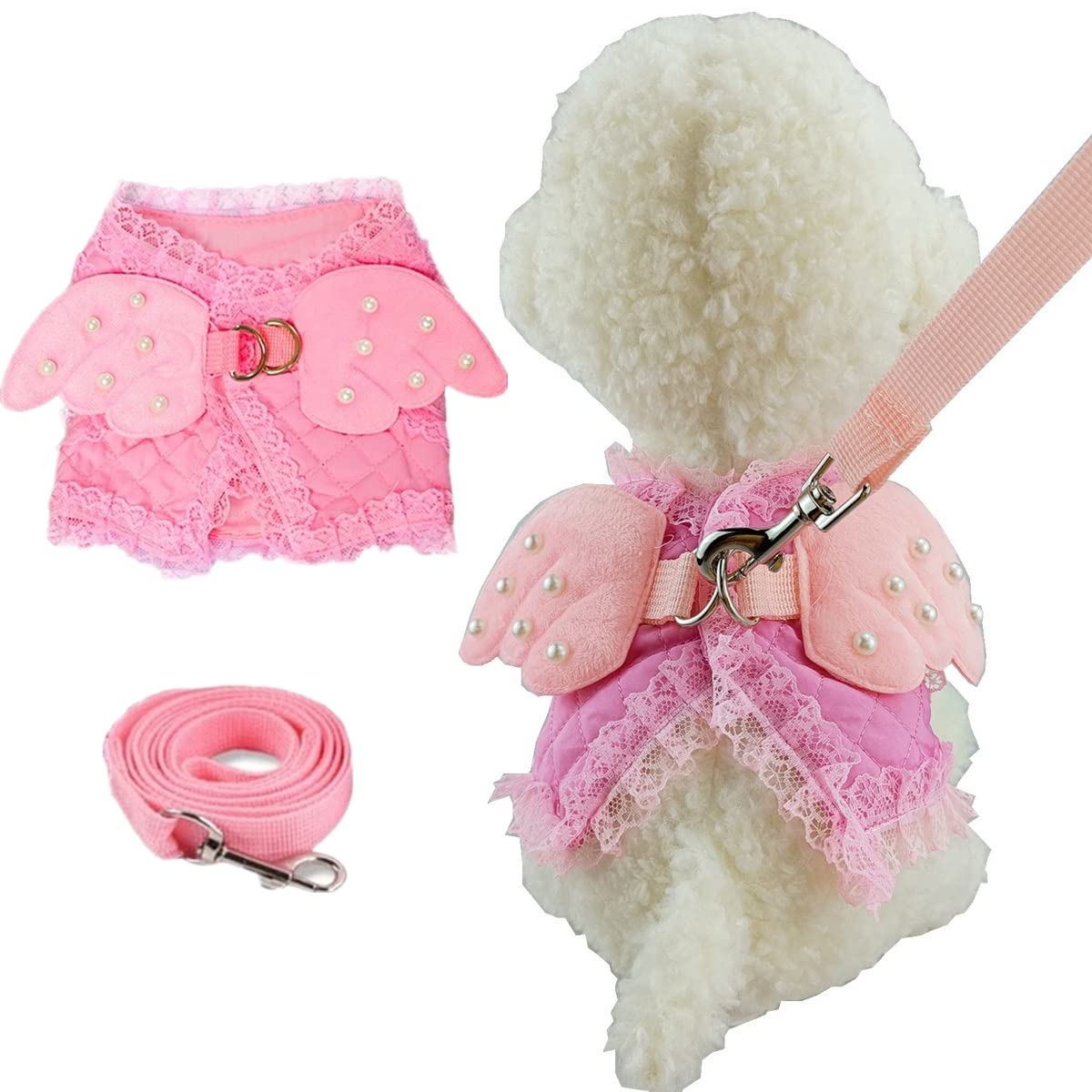 Pink Cute Adorable Pet Cat Dog Harness and Leash Set with Lace Artificial Pearl Angel Wing (Small)