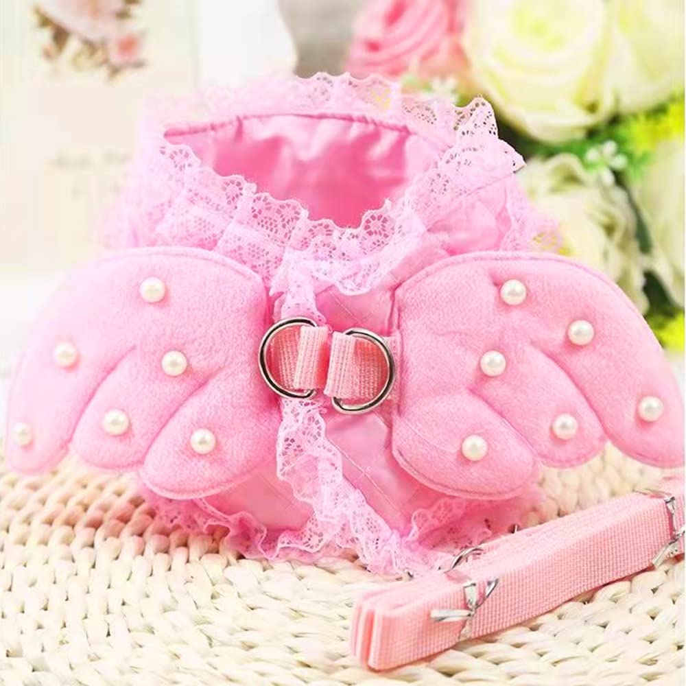 Pink Cute Adorable Pet Cat Dog Harness and Leash Set with Lace Artificial Pearl Angel Wing (Small)