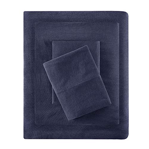 Intelligent Design Cotton Blend Jersey Knit Wrinkle Resistant, Soft Sheets with 14" Deep Pocket All Season, Cozy Bedding-Set, Matching Pillow Case, Queen, Navy, 4 Piece