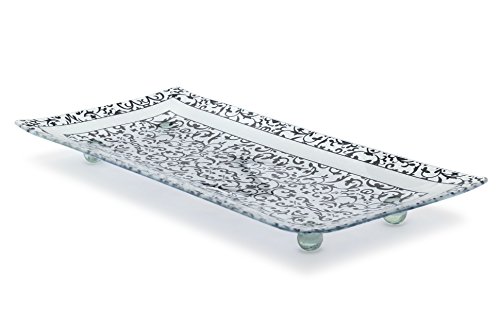 GAC Great American Classics Florentine Designed Charcoal Tempered Glass Rectangular Serving Tray on Glass Ball Legs Break and Chip Resistant – Oven Proof – Microwave Safe Decorative Platter