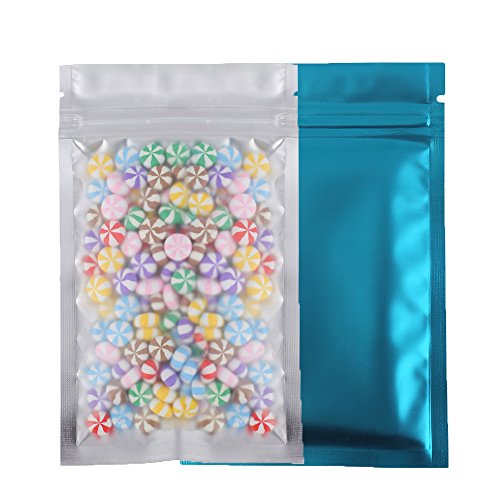 QQ Studio Pack of 100 Smell Proof Food Safe Flat Metallic Foil Flat Zip Top Lock Sample Food Storage Bags Pouch 8.5x13cm (3.3x5.1) (Matte Blue)