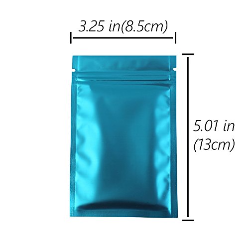 QQ Studio Pack of 100 Smell Proof Food Safe Flat Metallic Foil Flat Zip Top Lock Sample Food Storage Bags Pouch 8.5x13cm (3.3x5.1) (Matte Blue)