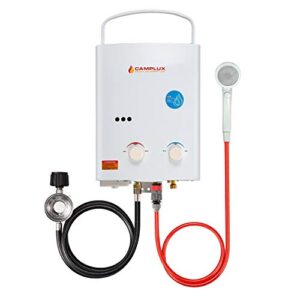 camplux tankless water heater, 1.32 gpm portable propane outdoor camping water heater, 5l, ay132, white