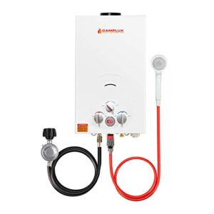 tankless water heater, camplux 2.64 gpm outdoor propane gas water heater for camping, bw264, white