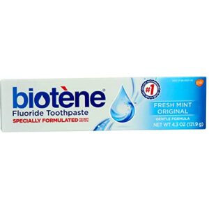 biotène fluoride toothpaste for dry mouth symptoms, bad breath treatment and cavity prevention fresh, mint, 4.3 ounce (10050a)