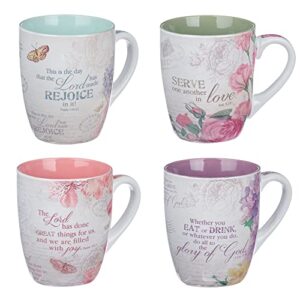christian art gifts ceramic coffee/tea mug set for women | vintage botanic floral inspirations design bible verse mug set | boxed set/4 coffee cups